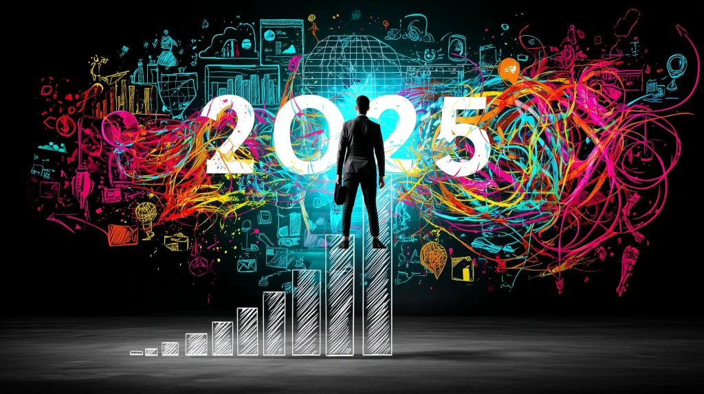 Illustration of a business owner with rising bar charts labeled 2025, representing successful PPC growth.